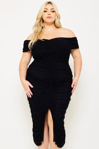 Symphony Dress - Shirring Side Off The Shoulder Plus Size Night Out Midi Dress