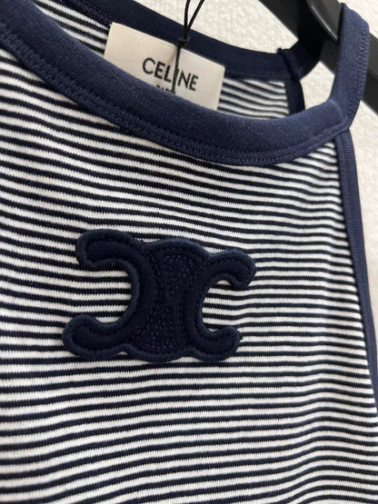 Triomphe Tank Top In Striped Jersey White Mix Navy Cotton