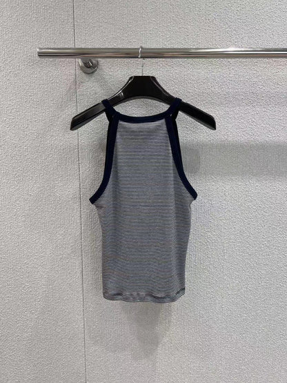 Triomphe Tank Top In Striped Jersey White Mix Navy Cotton