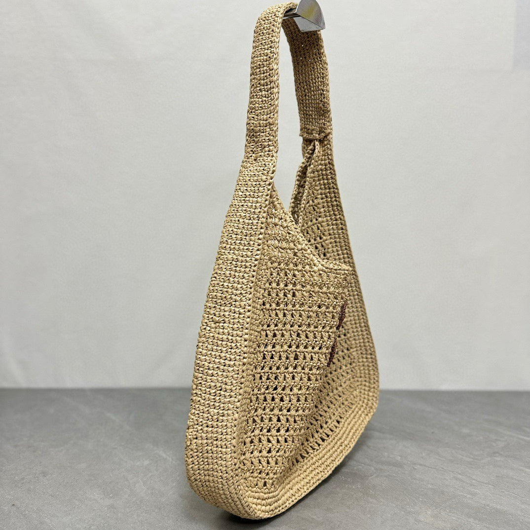 Miu Miu Woven Fabric Hobo Bag 44cm Beige Mix Cognac