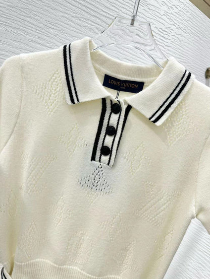 Stripe Accent Knit Polo Dress White Black Wool And Cashmere