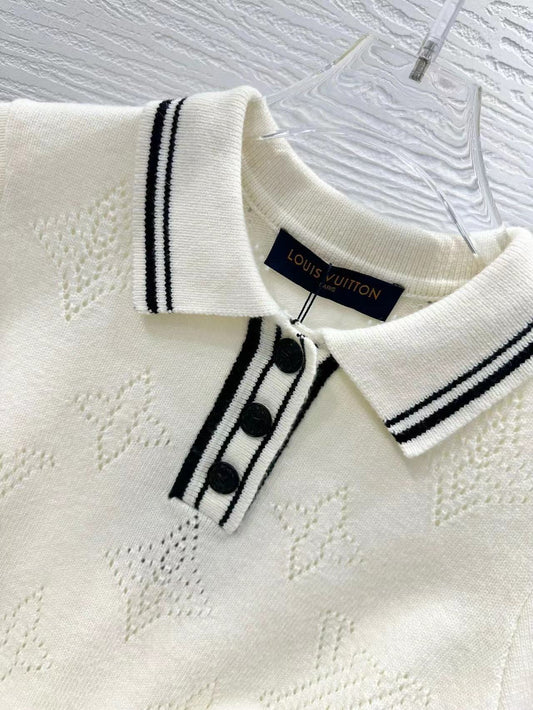 Stripe Accent Knit Polo Dress White Black Wool And Cashmere