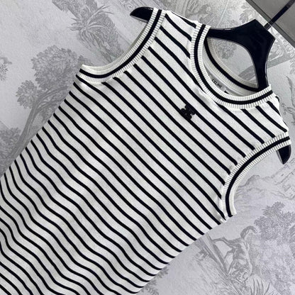 Triomphe Striped Mini Dress Black White Crocheted Cotton