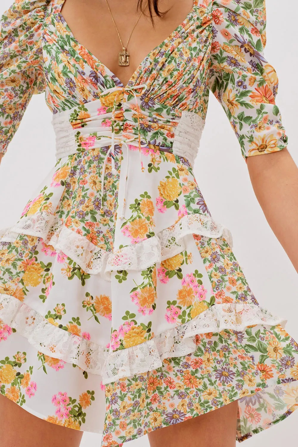 Floral V-Neck Puff Sleeve Ruffle Hem Mini Dress
