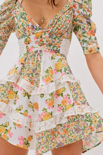 Floral V-Neck Puff Sleeve Ruffle Hem Mini Dress