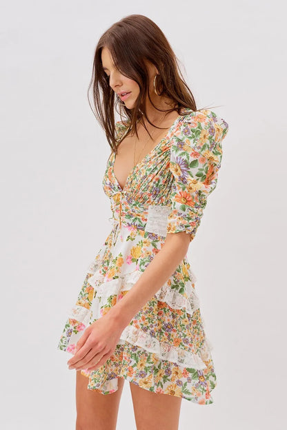 Floral V-Neck Puff Sleeve Ruffle Hem Mini Dress