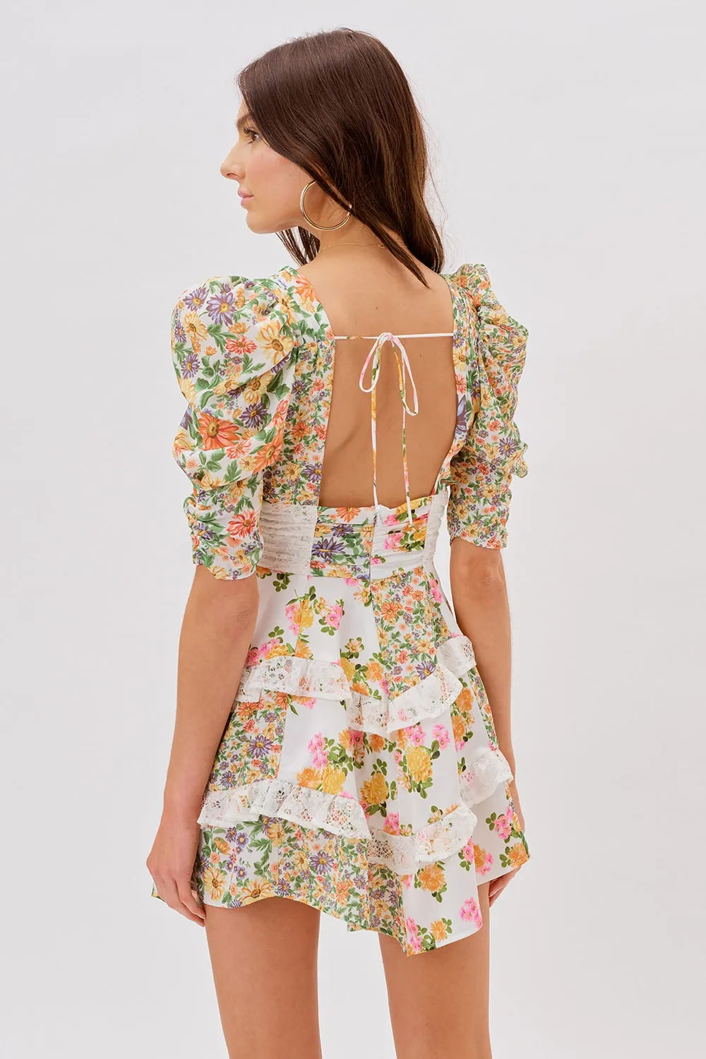Floral V-Neck Puff Sleeve Ruffle Hem Mini Dress