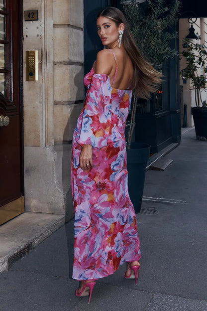 Vestido largo de tirantes finos con nudo y hombros descubiertos, floral, rosa 