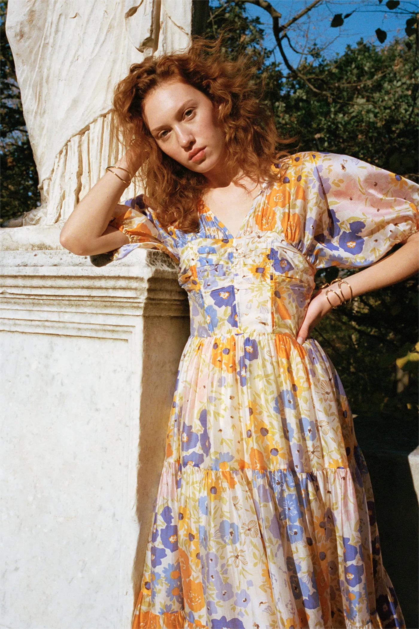 Floral Puff Sleeve V-Neck Maxi Dress