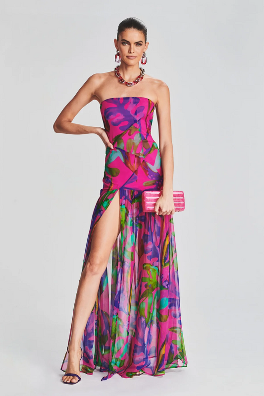 Vestido largo floral con escote tubo y espalda descubierta 