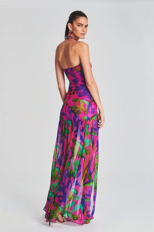 Vestido largo floral con escote tubo y espalda descubierta 