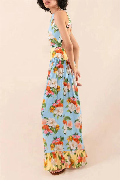 Vestido largo con volantes y encaje floral 
