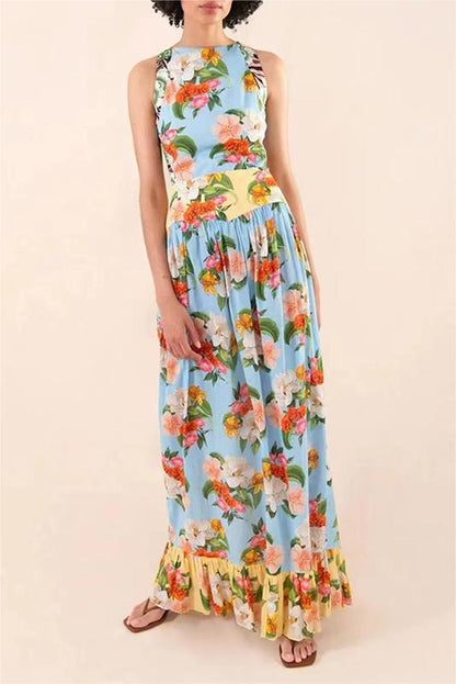 Vestido largo con volantes y encaje floral 
