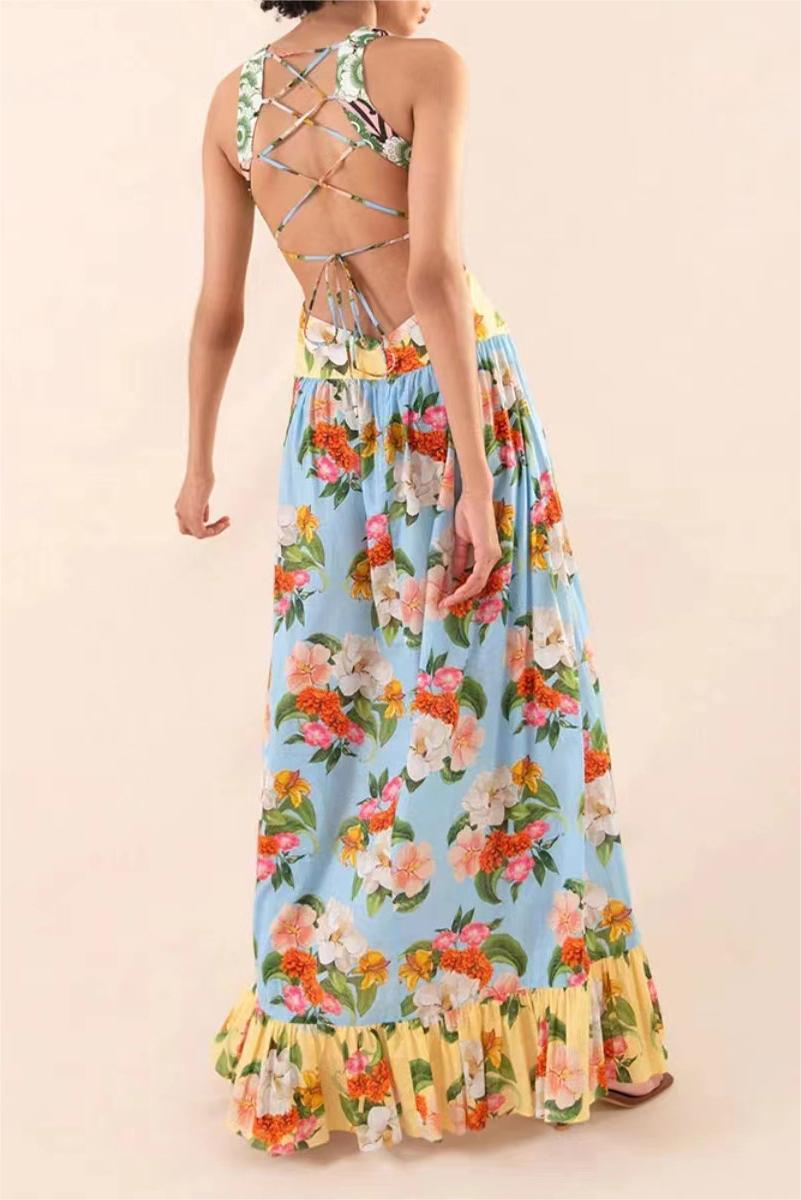 Vestido largo con volantes y encaje floral 