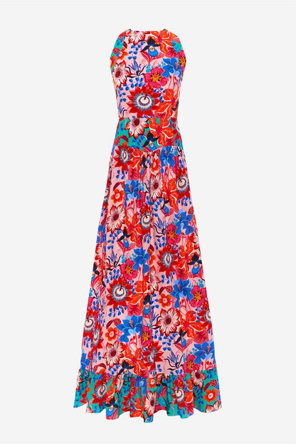 Vestido largo con volantes y encaje floral 
