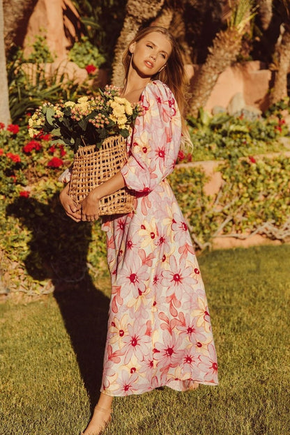 Floral Puff Sleeve Square Collar Backless Maxi Dress
