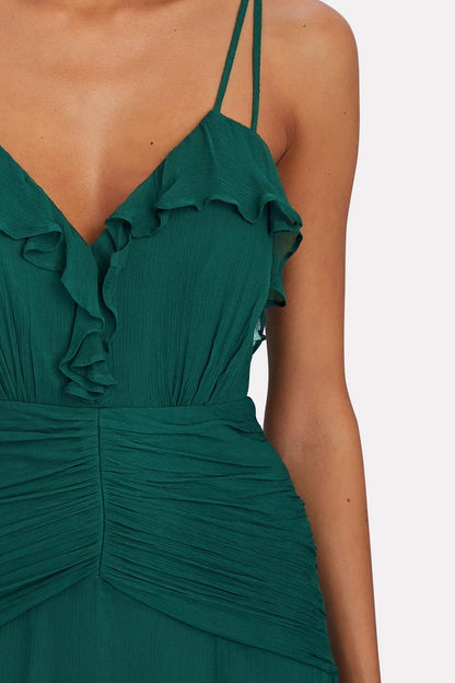 Vestido largo camisola con volantes en el bajo verde 