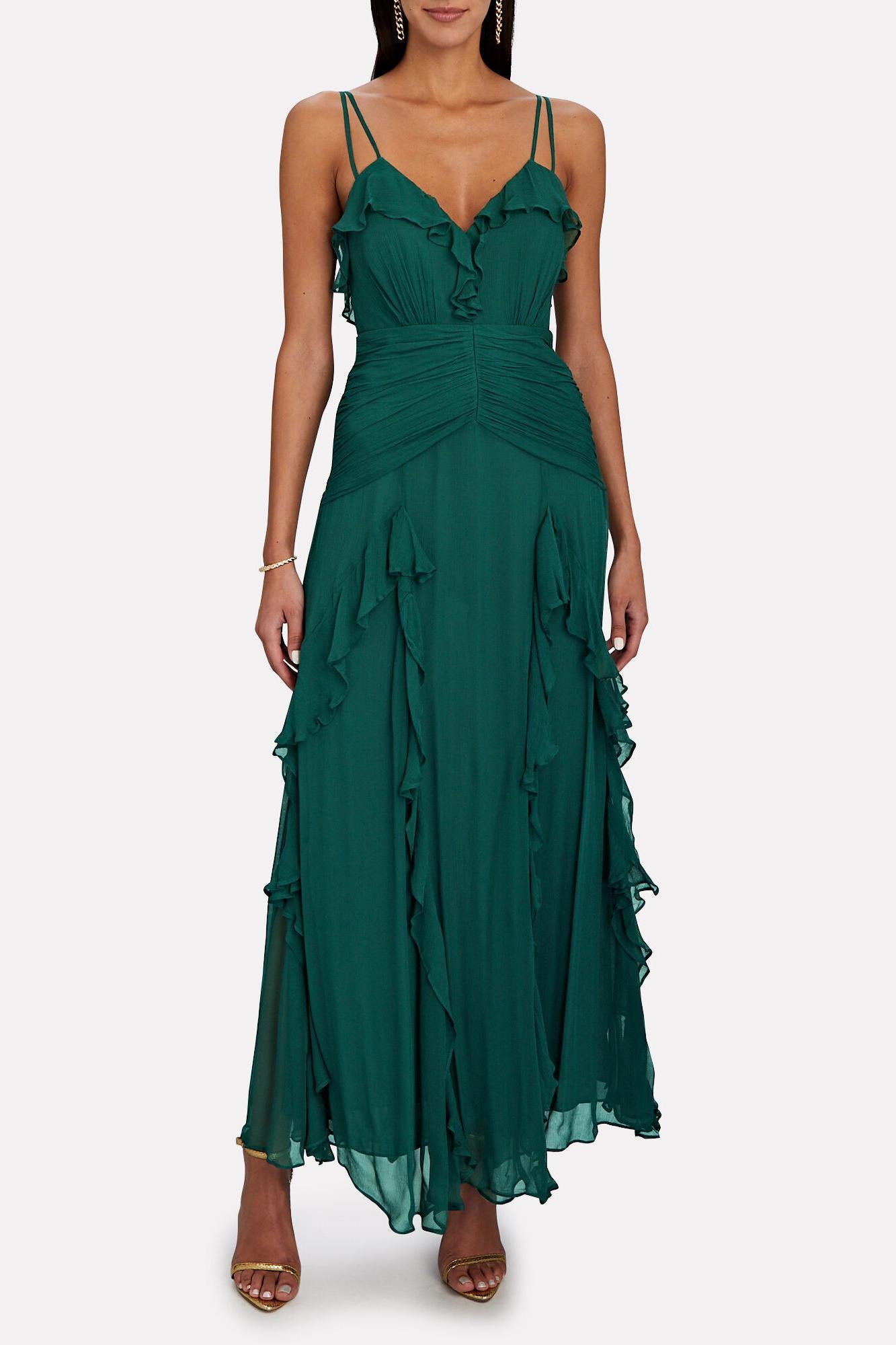 Vestido largo camisola con volantes en el bajo verde 