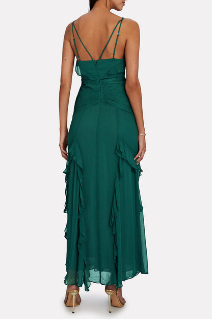 Vestido largo camisola con volantes en el bajo verde 