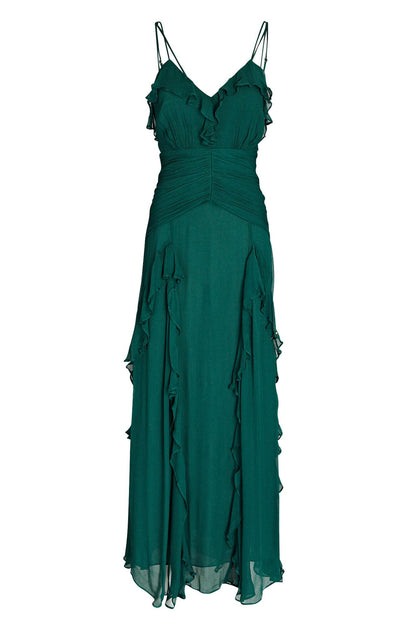 Vestido largo camisola con volantes en el bajo verde 