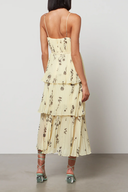 Vestido midi de tirantes finos con espalda descubierta, fruncido y bajo con volantes 