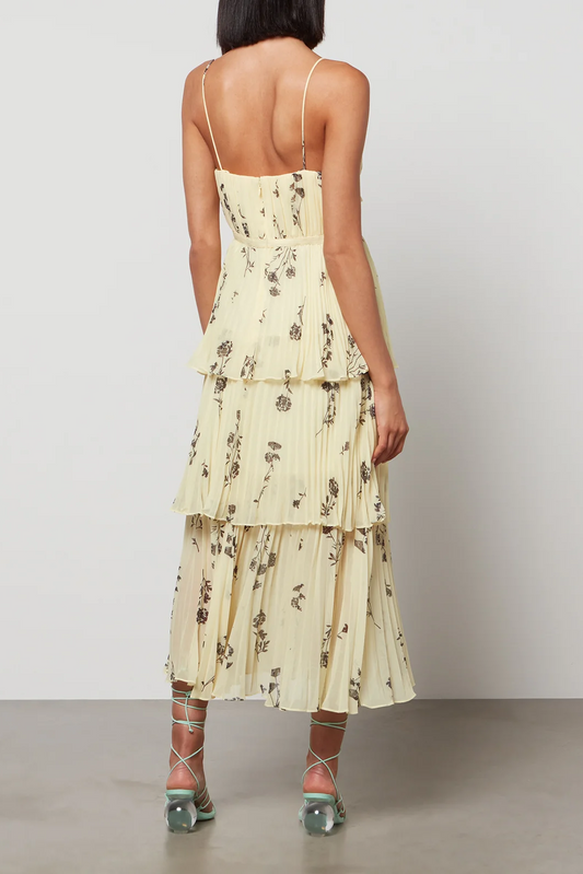 Vestido midi de tirantes finos con espalda descubierta, fruncido y bajo con volantes 