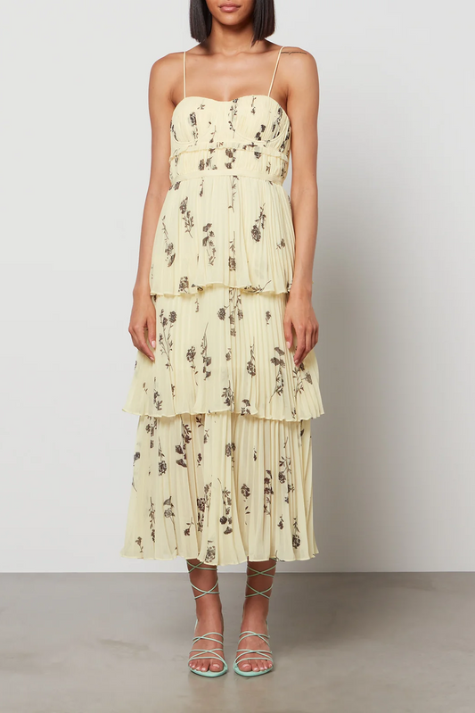 Vestido midi de tirantes finos con espalda descubierta, fruncido y bajo con volantes 