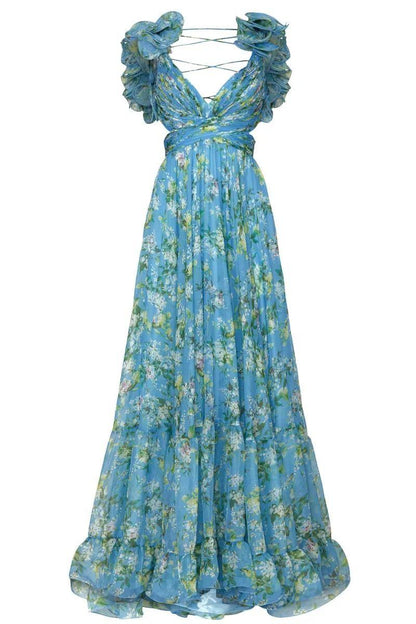 Vestido largo azul con escote en V y volantes recortados con flores 