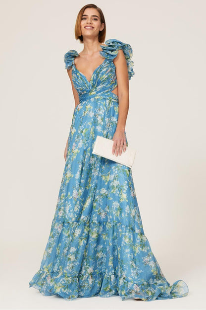 Vestido largo azul con escote en V y volantes recortados con flores 