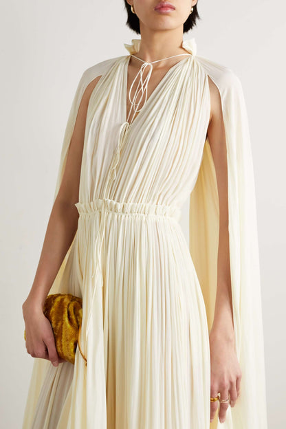 Vestido midi con cuello en V, capa con volantes en el dobladillo y dobladillo amplio en beige 