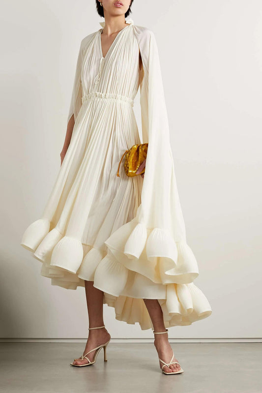 V-Neck Ruffle Hem Cape Large Hemline Midi Dress Beige