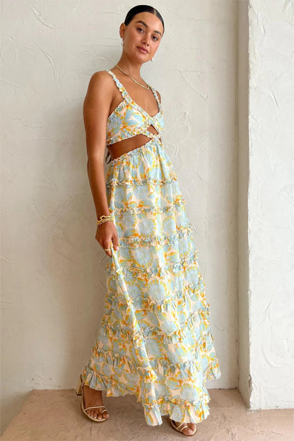 Vestido largo camisola con volantes y cordones recortados 