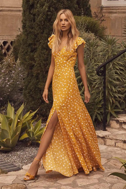 Flutter Sleeve V-Neck Slit Maxi Dress