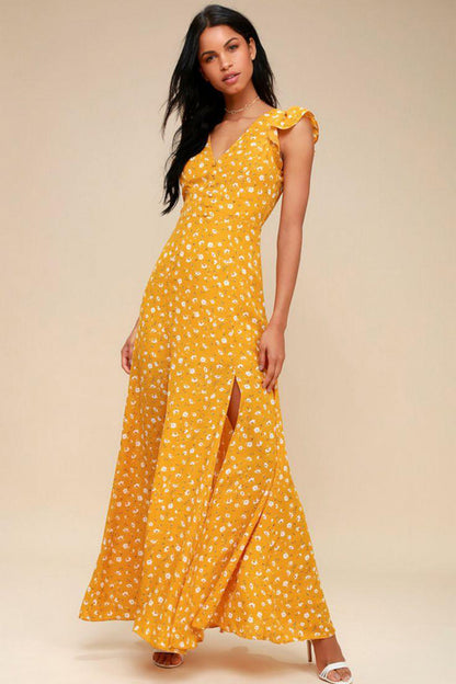 Flutter Sleeve V-Neck Slit Maxi Dress