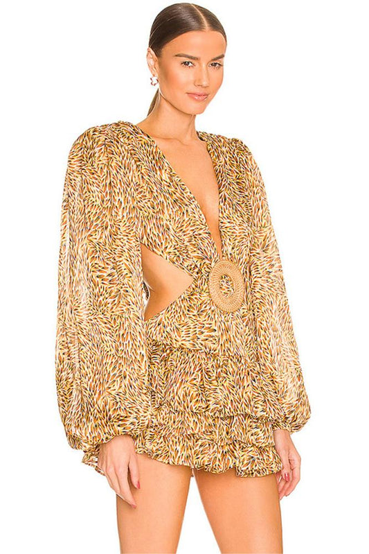 Vestido mini con escote en V y mangas farol sin cintura 