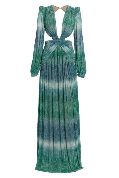 Vestido largo con escote en V y mangas farol degradadas 