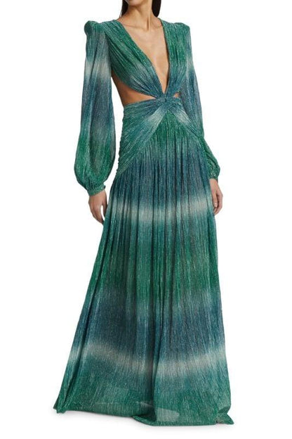 Vestido largo con escote en V y mangas farol degradadas 