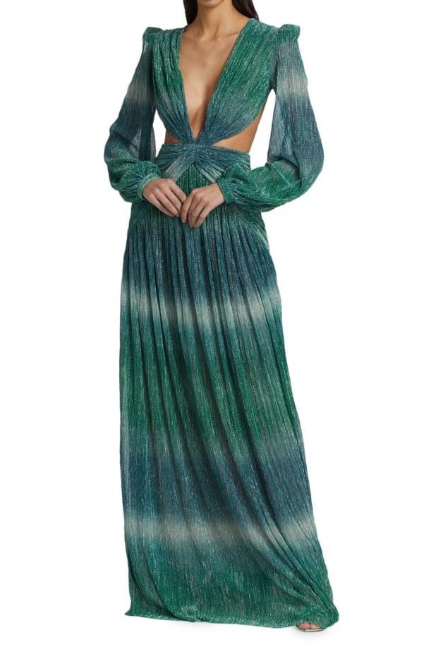 Vestido largo con escote en V y mangas farol degradadas 