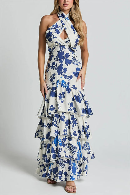 Vestido midi sin mangas con cuello halter, cordones y bajo con volantes 
