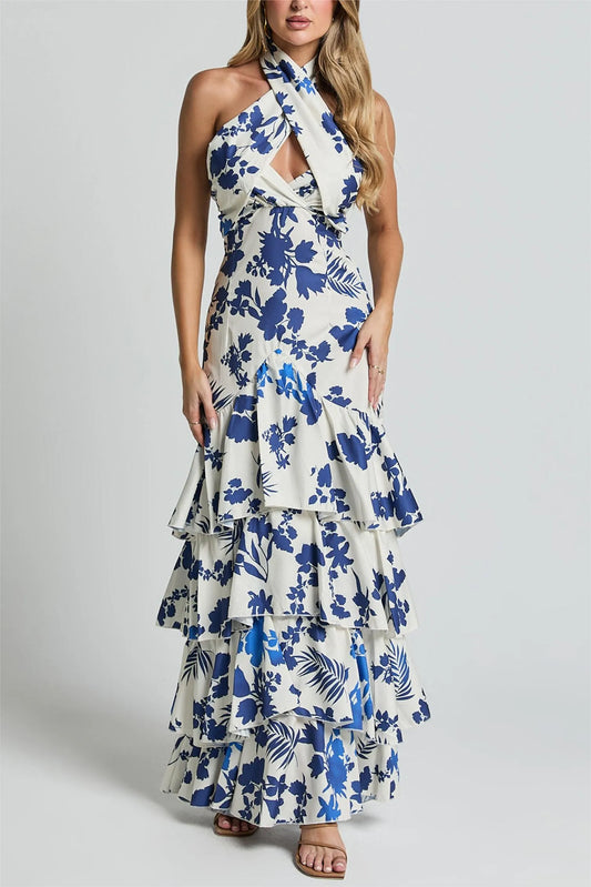 Vestido midi sin mangas con cuello halter, cordones y bajo con volantes 