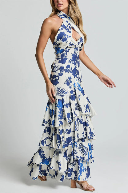 Vestido midi sin mangas con cuello halter, cordones y bajo con volantes 