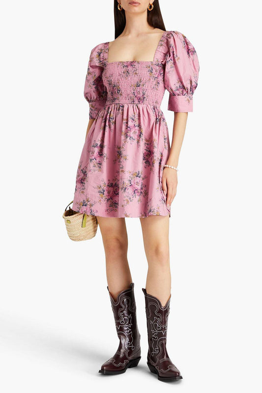 Vestido mini floral con mangas abullonadas, cuello cuadrado y fruncido elástico 