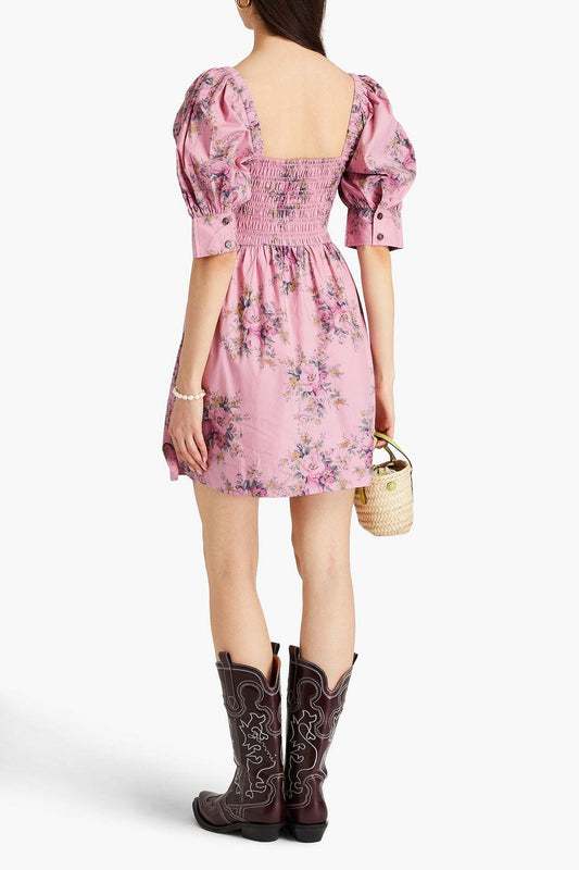 Vestido mini floral con mangas abullonadas, cuello cuadrado y fruncido elástico 