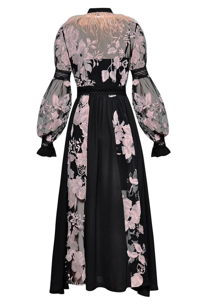 Vestido midi con cuello de bufanda y mangas largas con cordones 