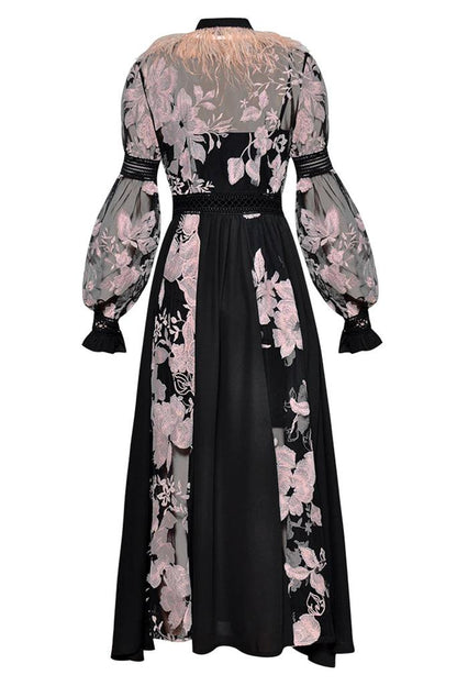 Vestido midi con cuello de bufanda y mangas largas con cordones 