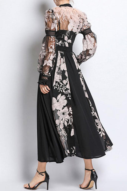 Vestido midi con cuello de bufanda y mangas largas con cordones 