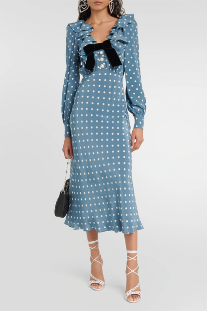 Vestido midi de manga larga con cuello en V 