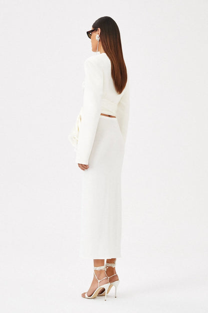 Lace Up Top & 3D Flower High Waist Midi Skirt Set White