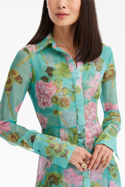 Vestido largo con mangas farol y solapa con hebilla y estampado floral 
