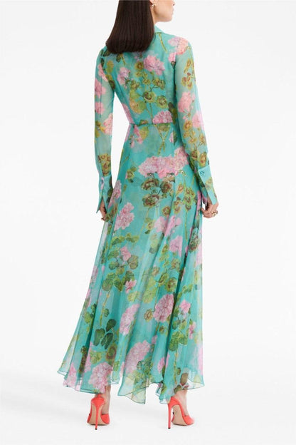 Vestido largo con mangas farol y solapa con hebilla y estampado floral 